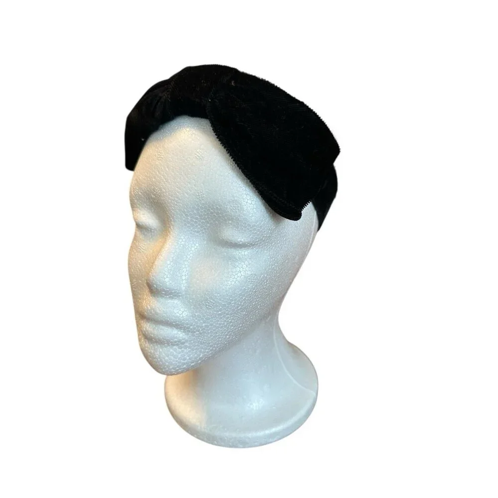 Vintage 1950s 1960s Black Velvet Bow Bandeau Cocktail Hat Veil Unmarked‎